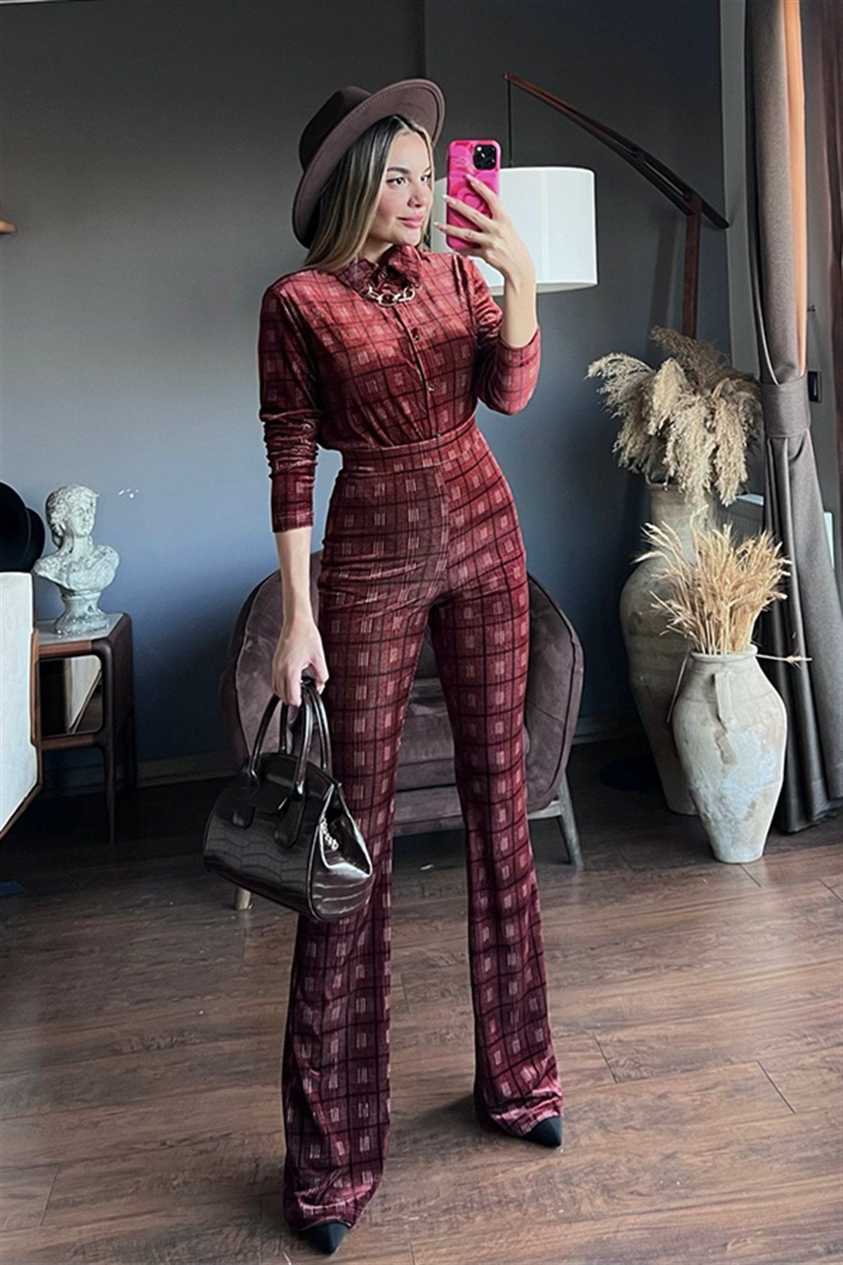 Kiremit renk kadife ikili takım