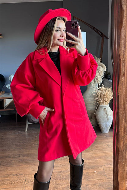 Kırmızı balon kol kaşe kaban