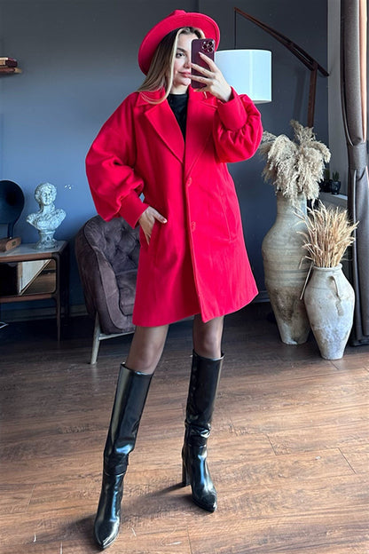 Kırmızı balon kol kaşe kaban