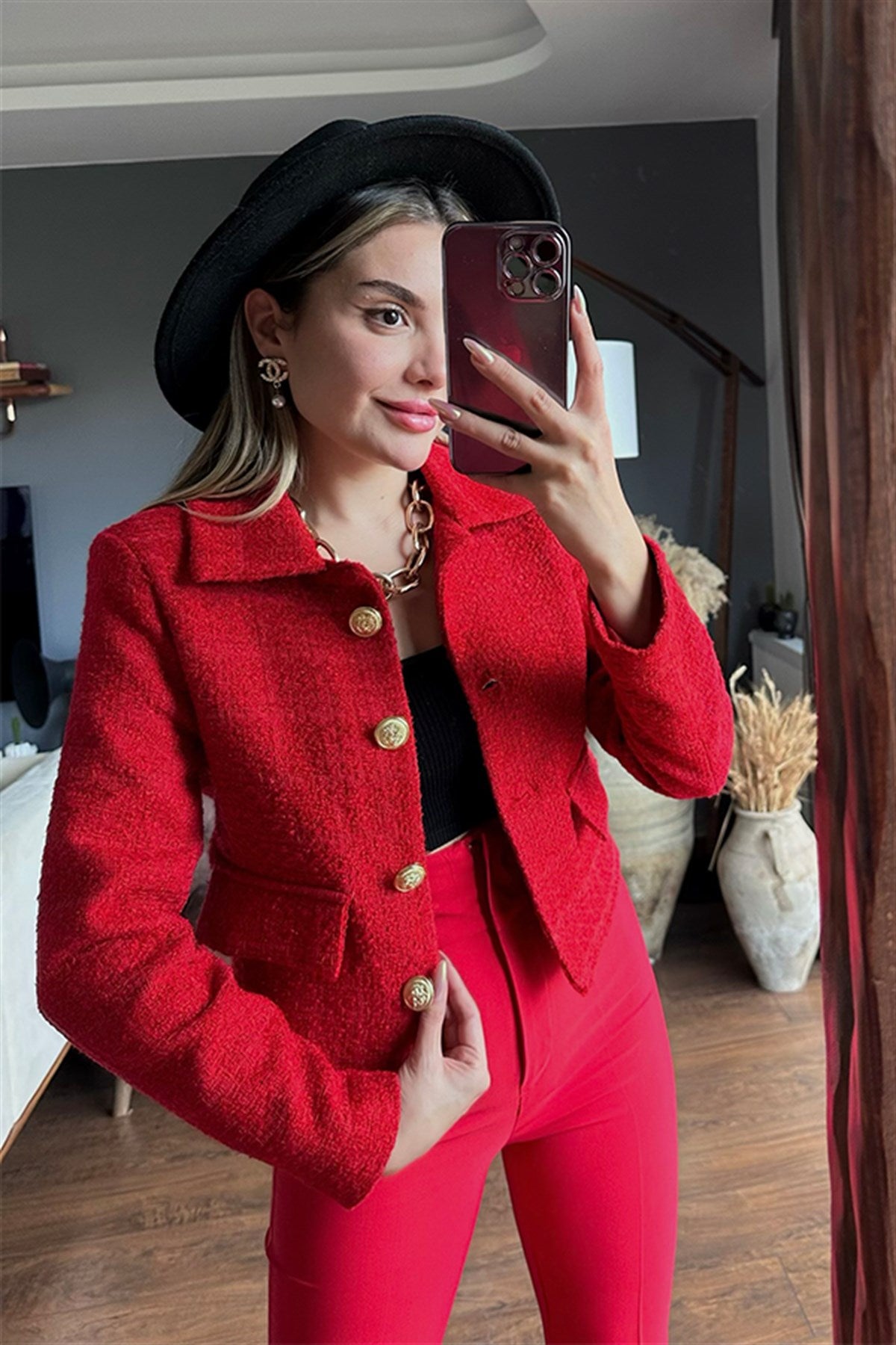 Kırmızı gold düğmeli tüvit blazer ceket