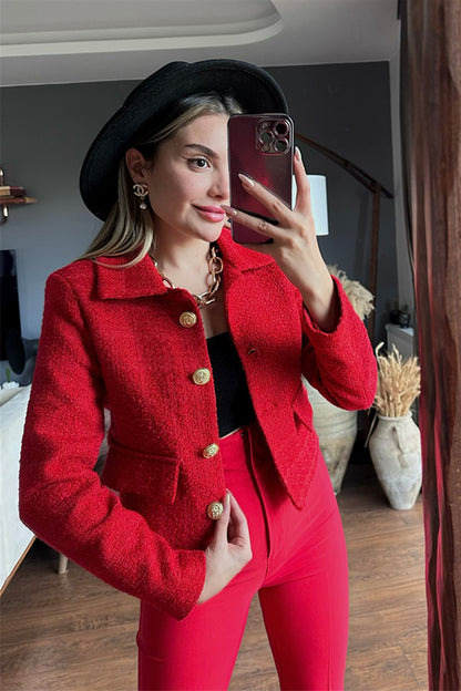 Kırmızı gold düğmeli tüvit blazer ceket