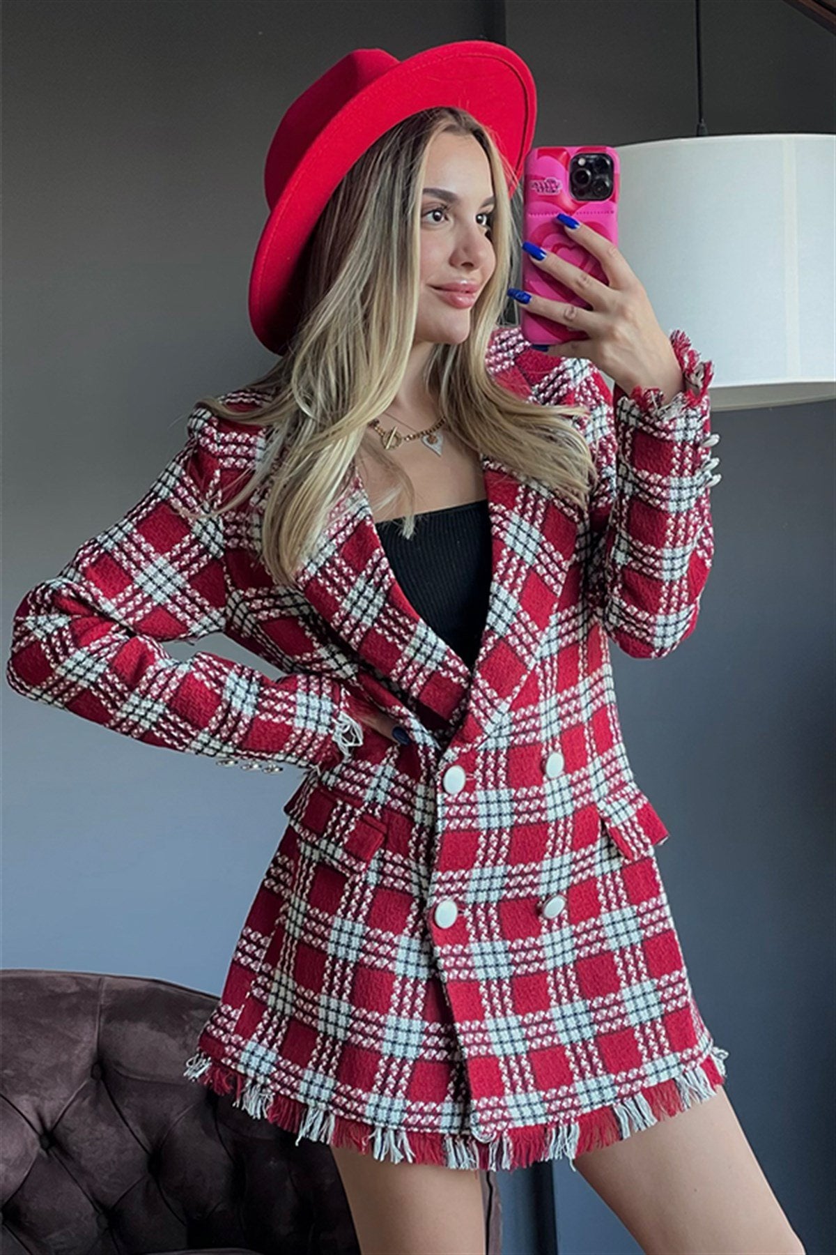 Kırmızı tüvit blazer ceket