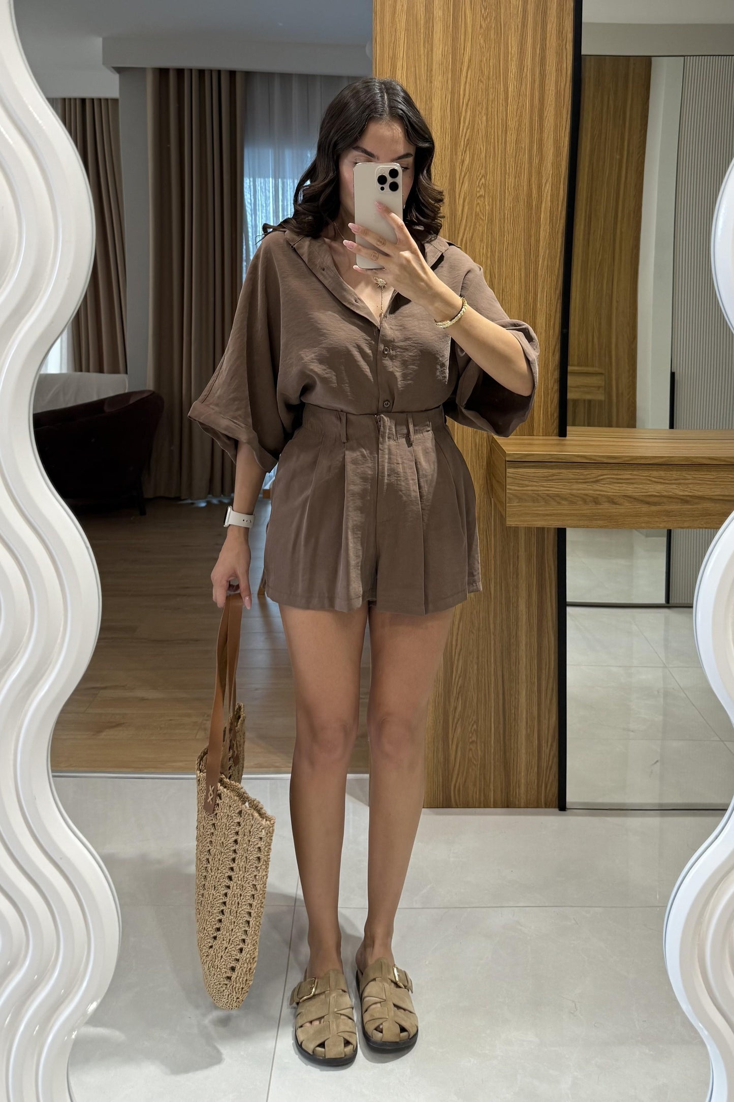 Klara Kahve Tensel Şort Gömlek Takım