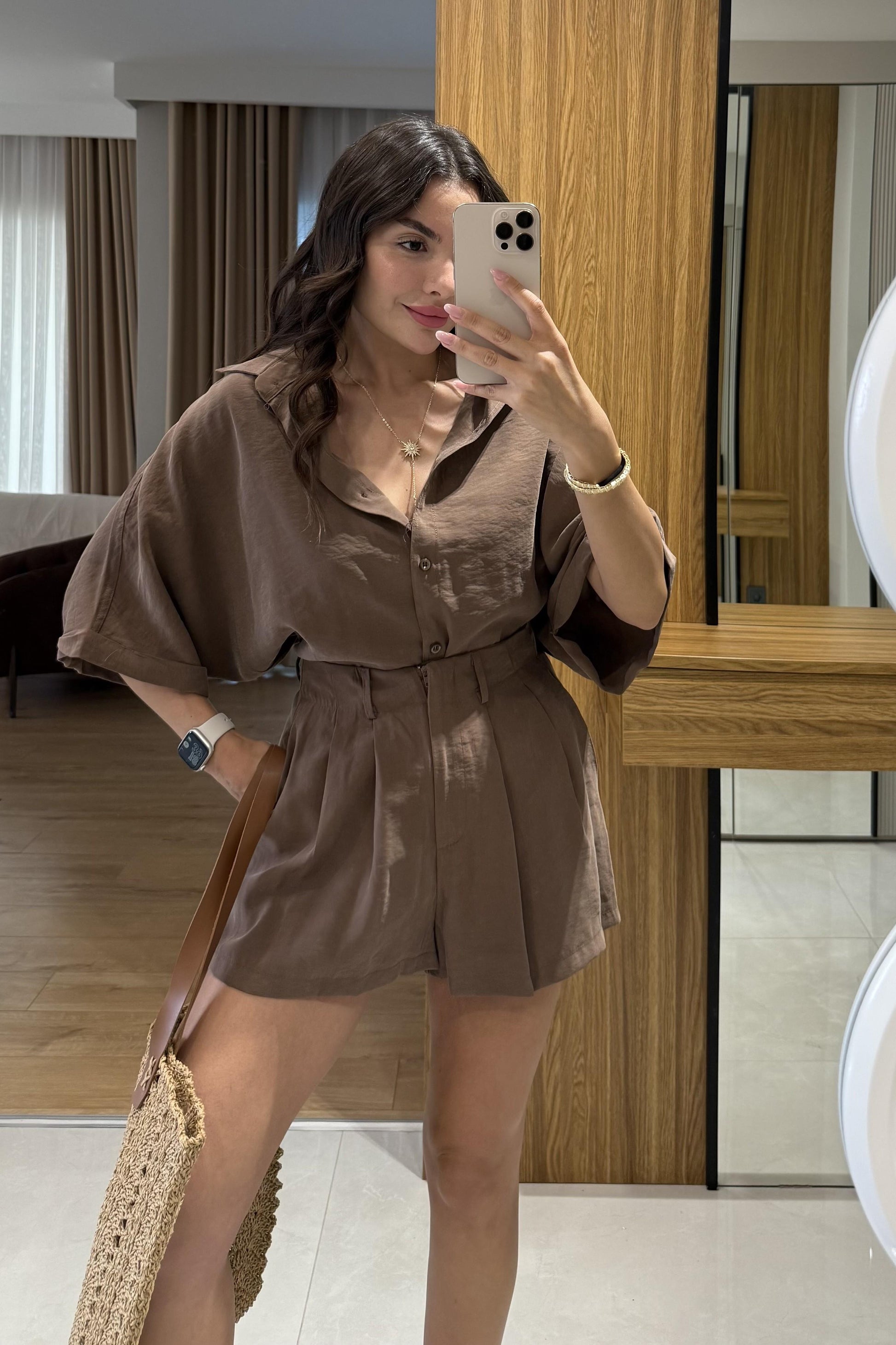 Klara Kahve Tensel Şort Gömlek Takım