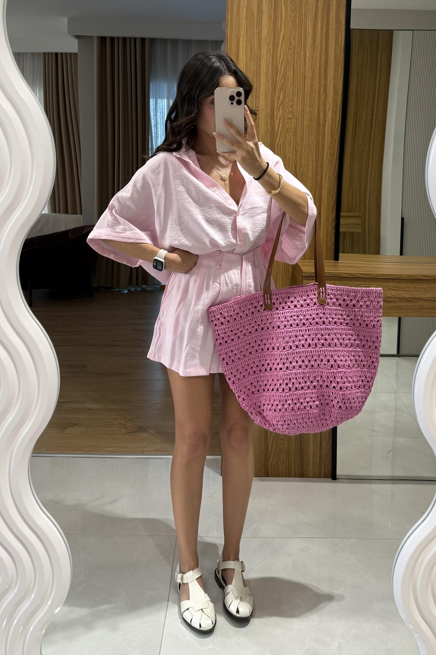 Klara Pembe Tensel Şort Gömlek Takım