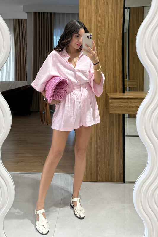 Klara Pembe Tensel Şort Gömlek Takım