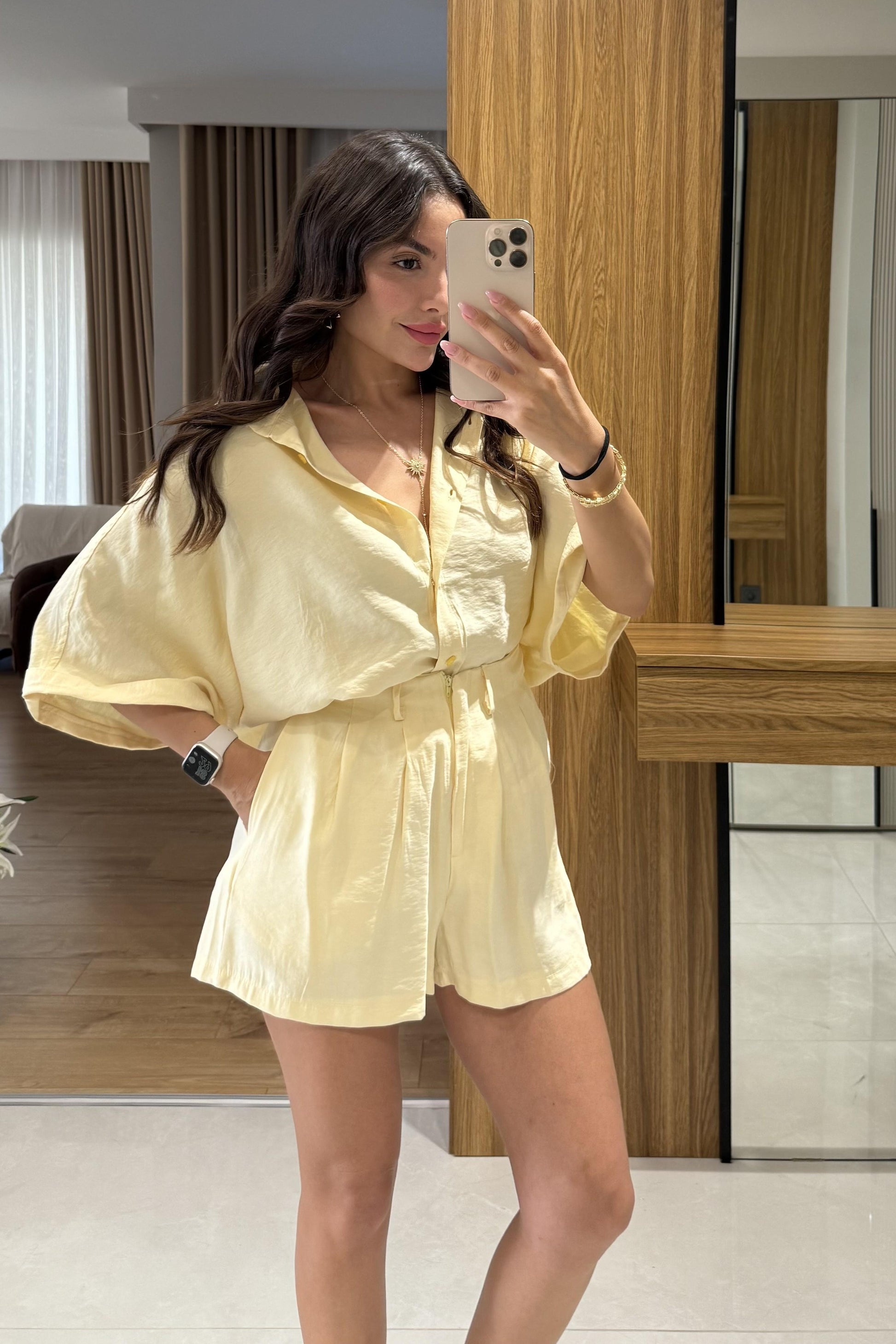 Klara Sarı Tensel Şort Gömlek Takım