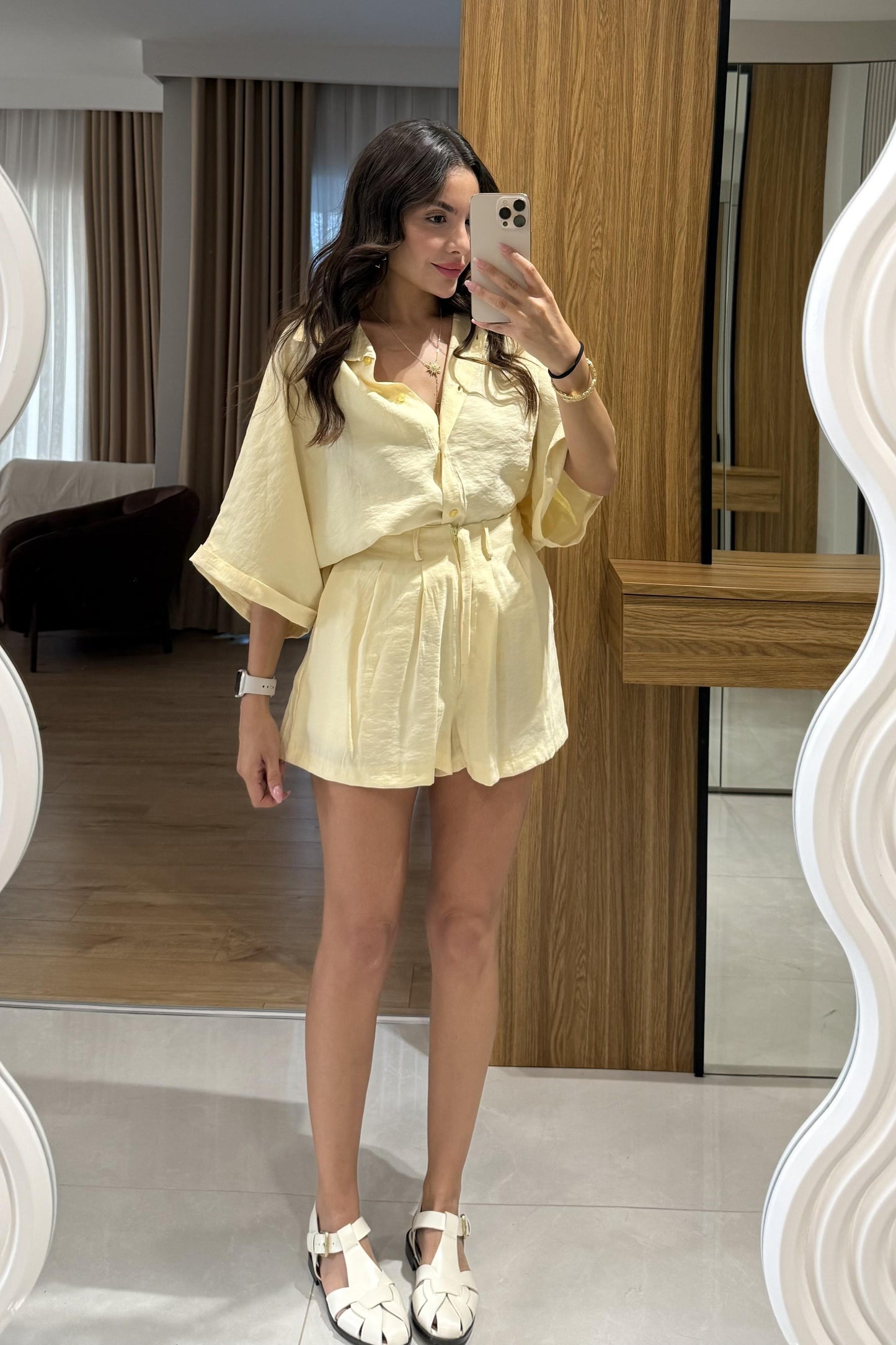 Klara Sarı Tensel Şort Gömlek Takım