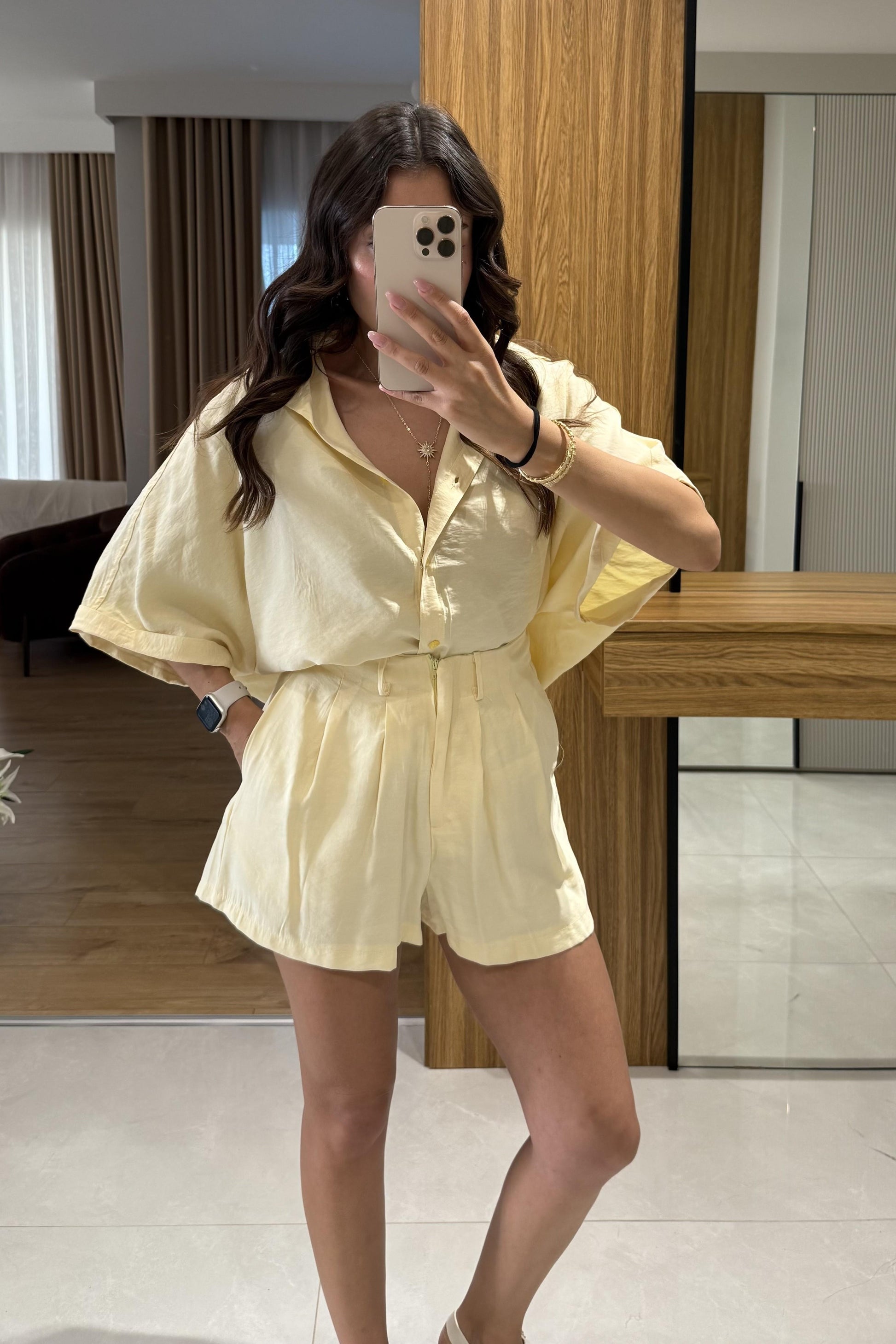 Klara Sarı Tensel Şort Gömlek Takım