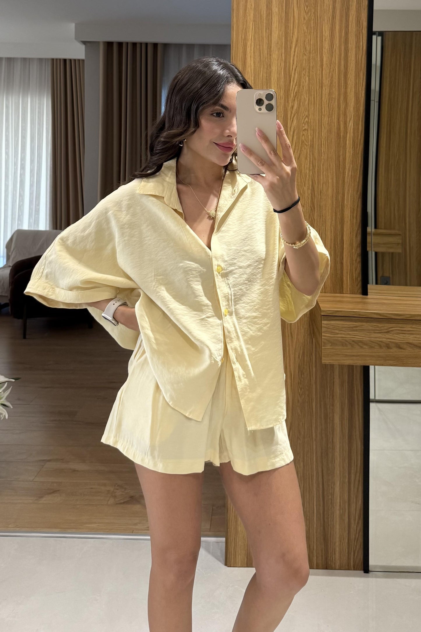 Klara Sarı Tensel Şort Gömlek Takım