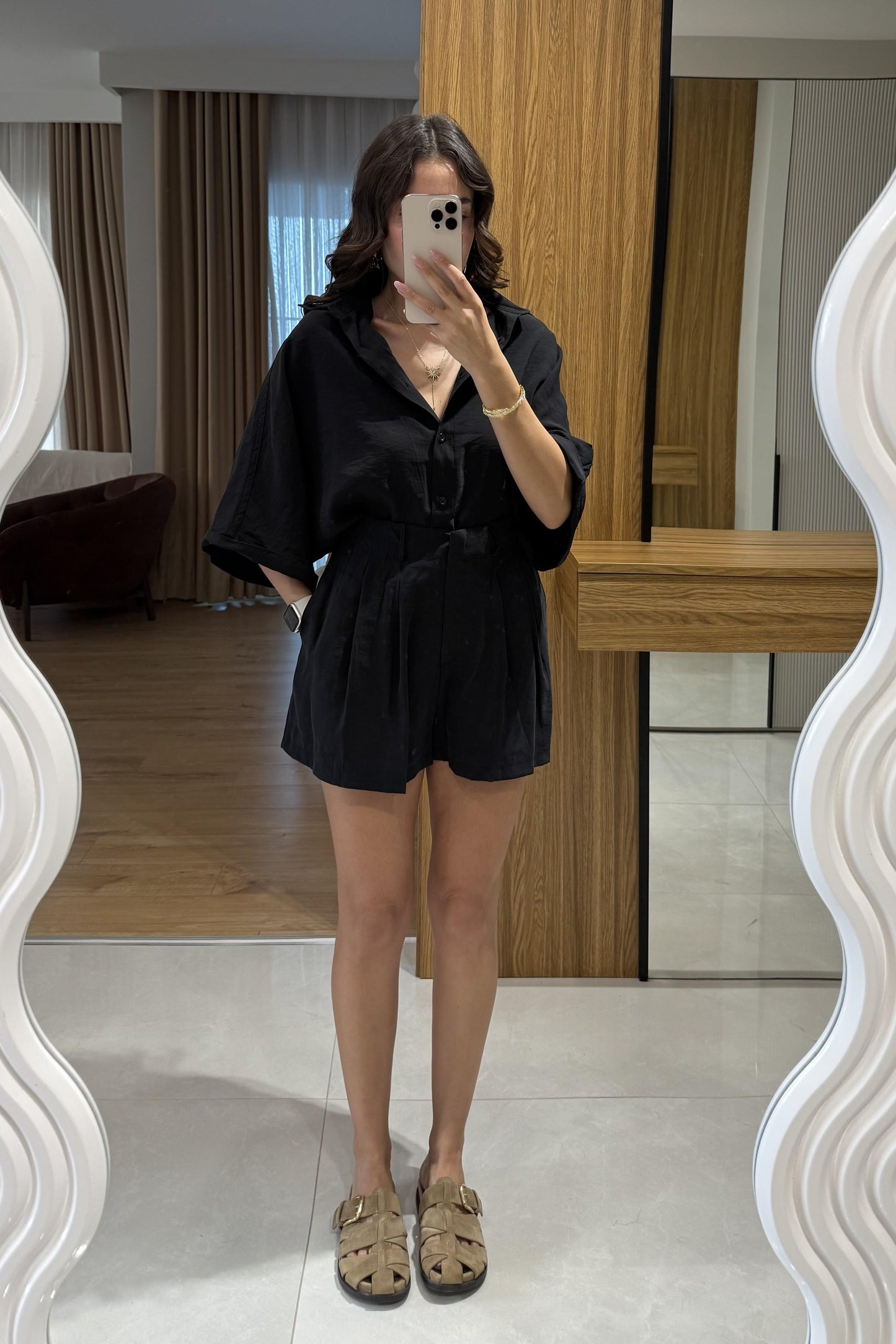 Klara Siyah Tensel Şort Gömlek Takım