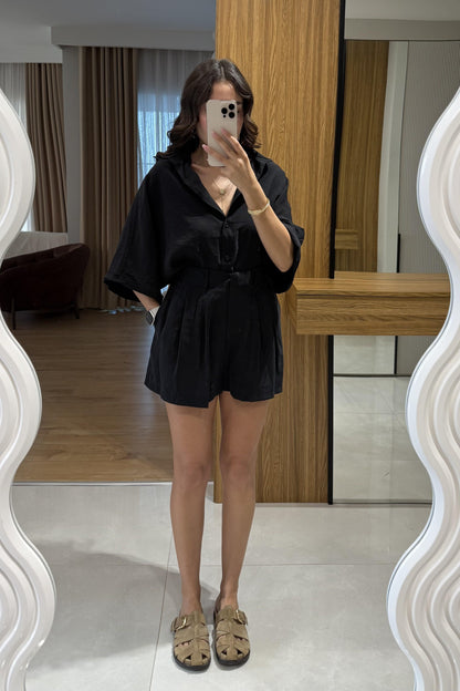 Klara Siyah Tensel Şort Gömlek Takım