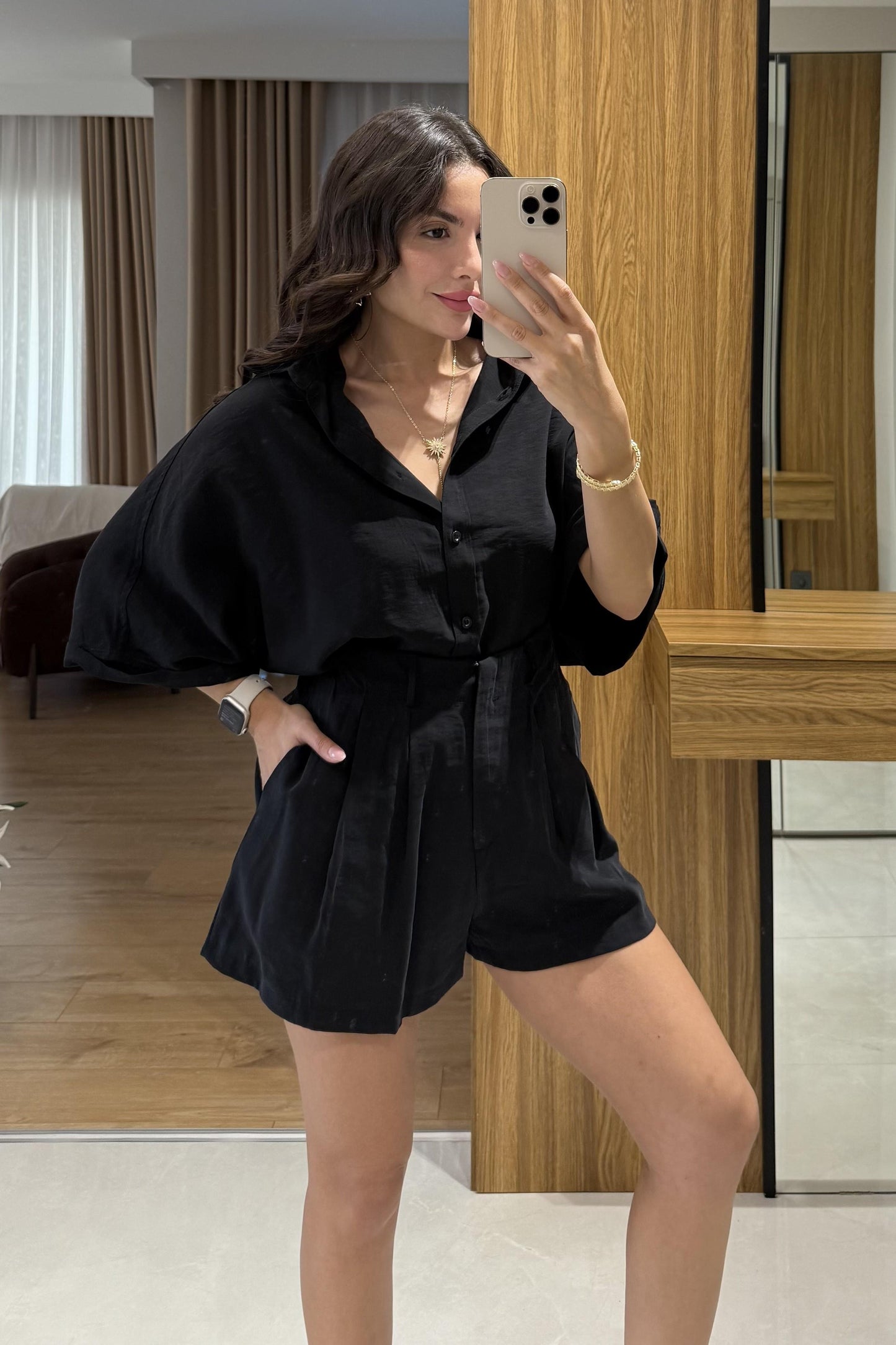 Klara Siyah Tensel Şort Gömlek Takım