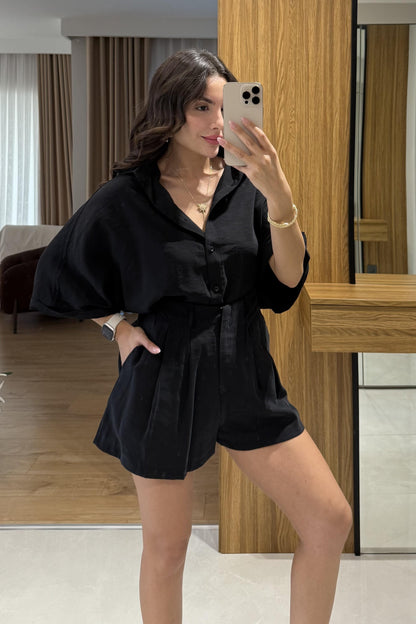 Klara Siyah Tensel Şort Gömlek Takım