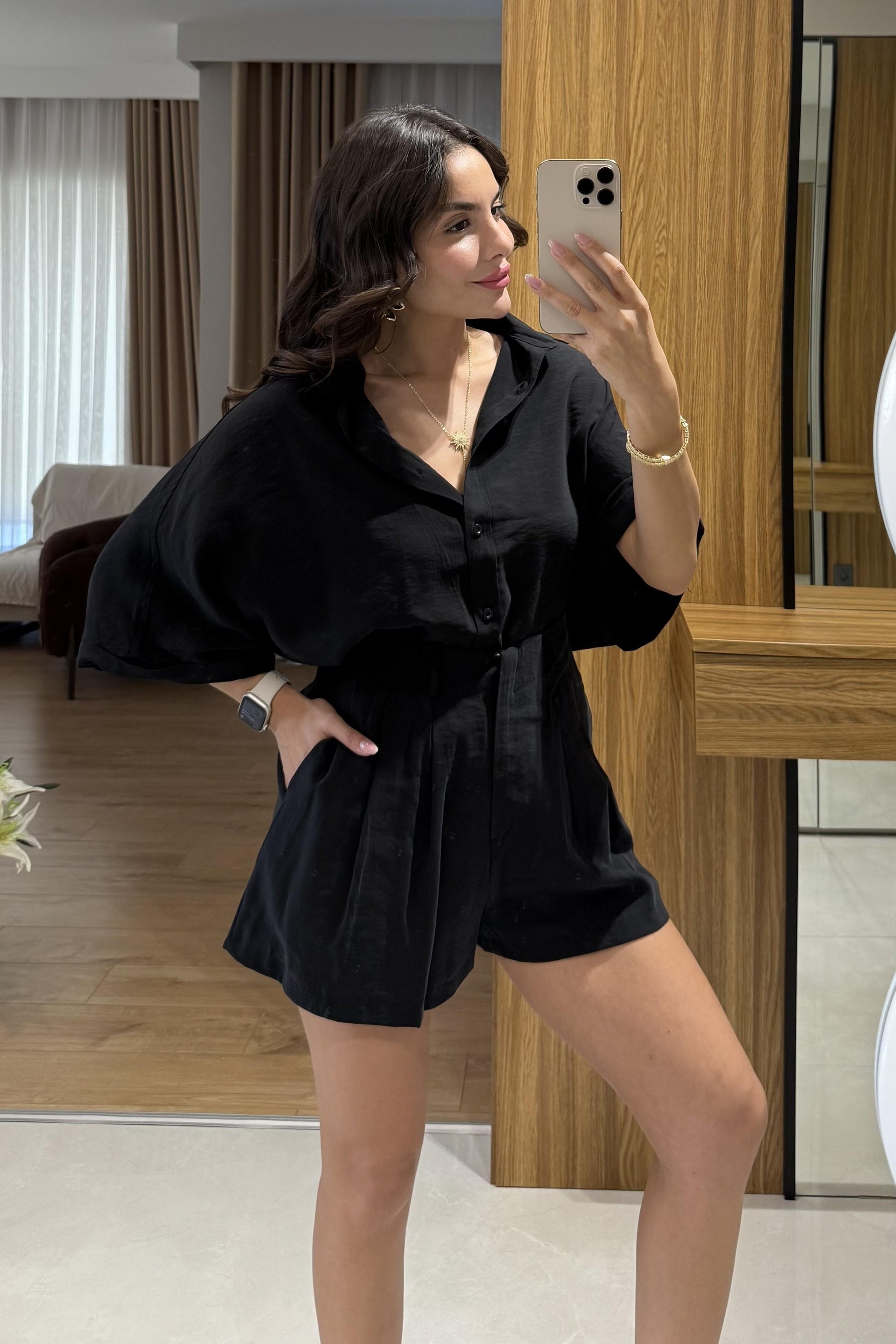 Klara Siyah Tensel Şort Gömlek Takım