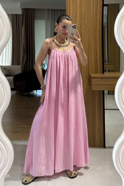 Klenke Pembe Bol Kesimli Salaş Dökümlü Maxi Elbise