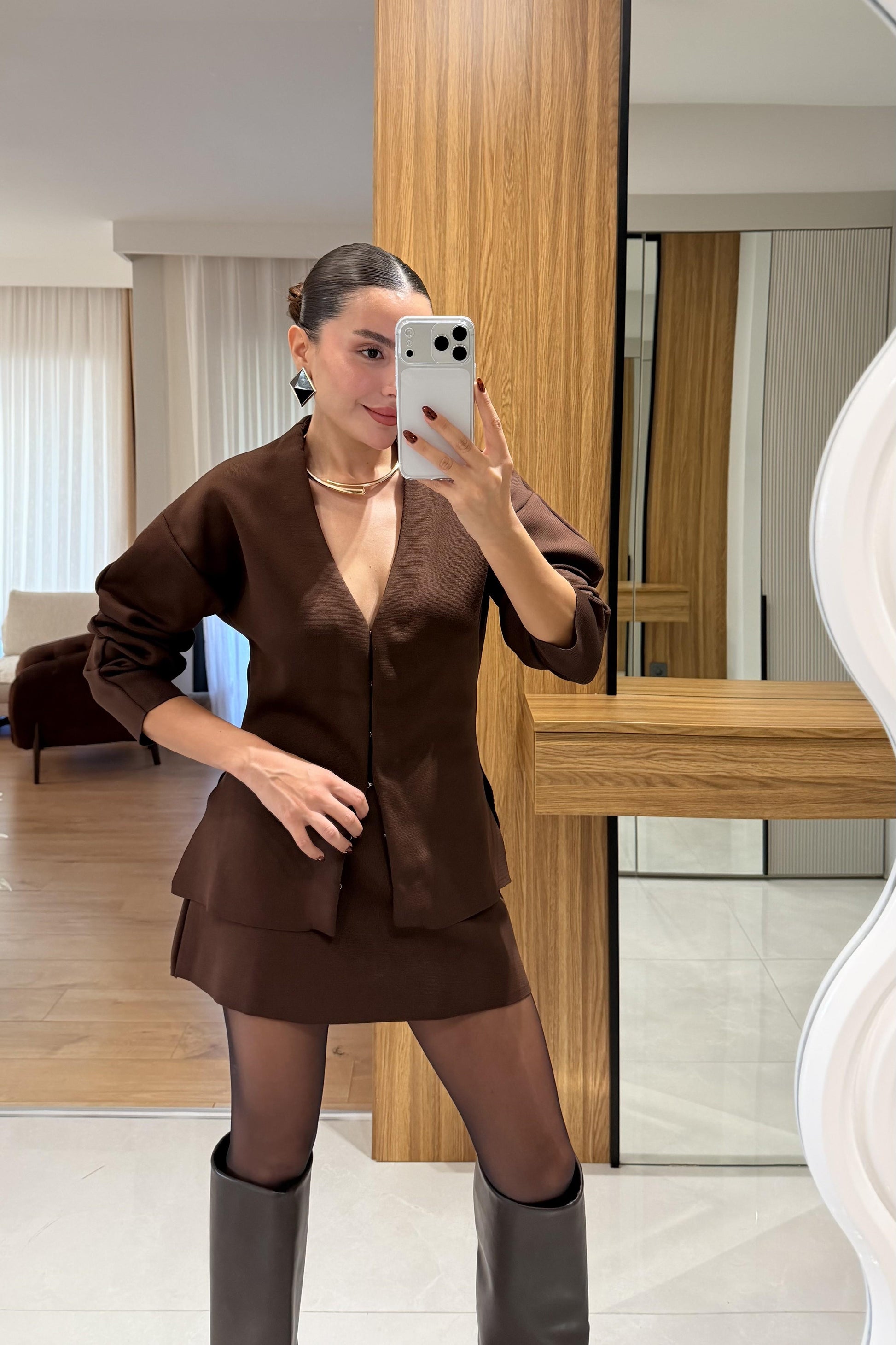 Knit Acı Kahve Belden Oturtmalı Triko Takım