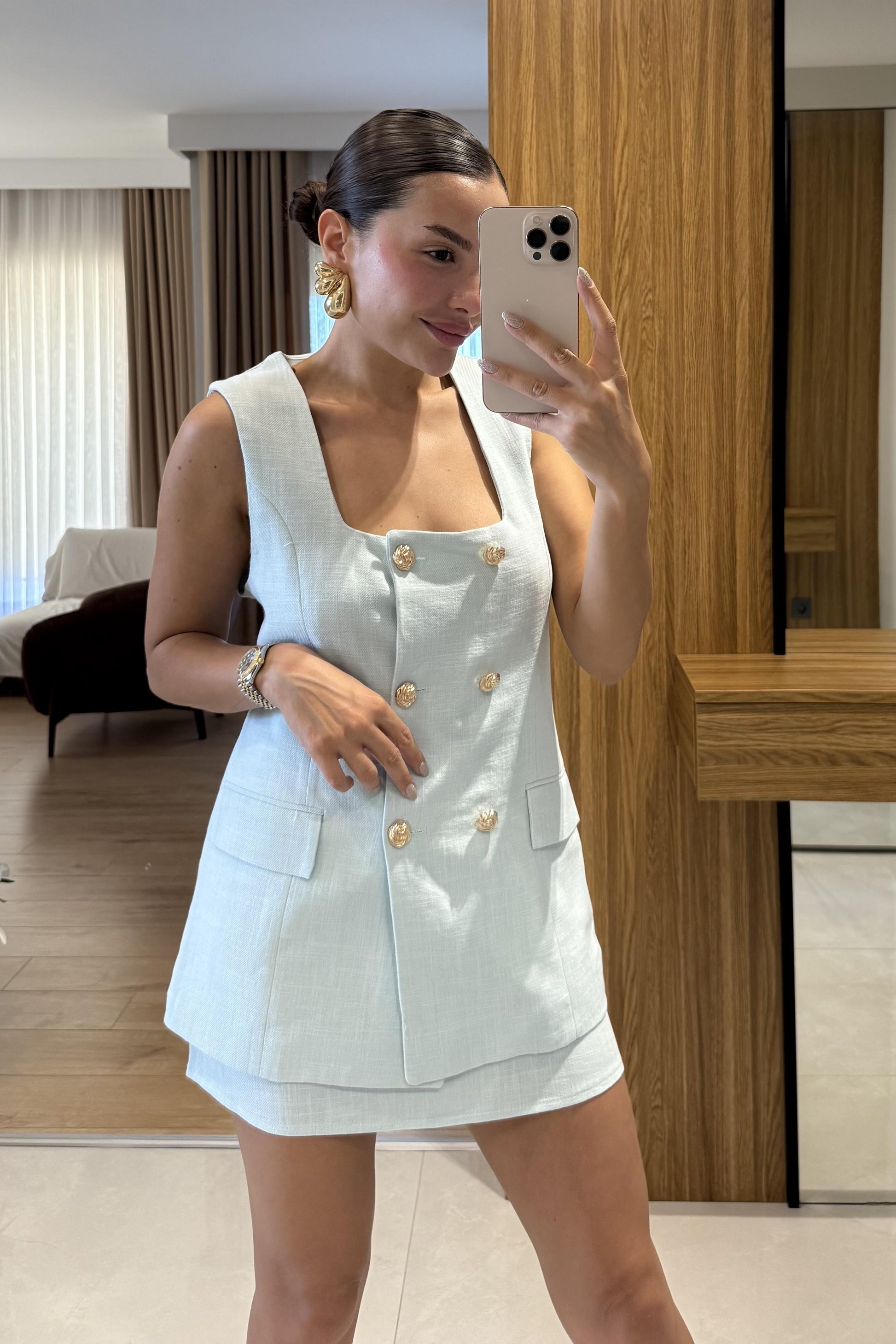 Kokia Mint Gold Düğmeli Yelek Etek Takım