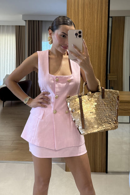 Kokia Pembe Gold Düğmeli Yelek Etek Takım