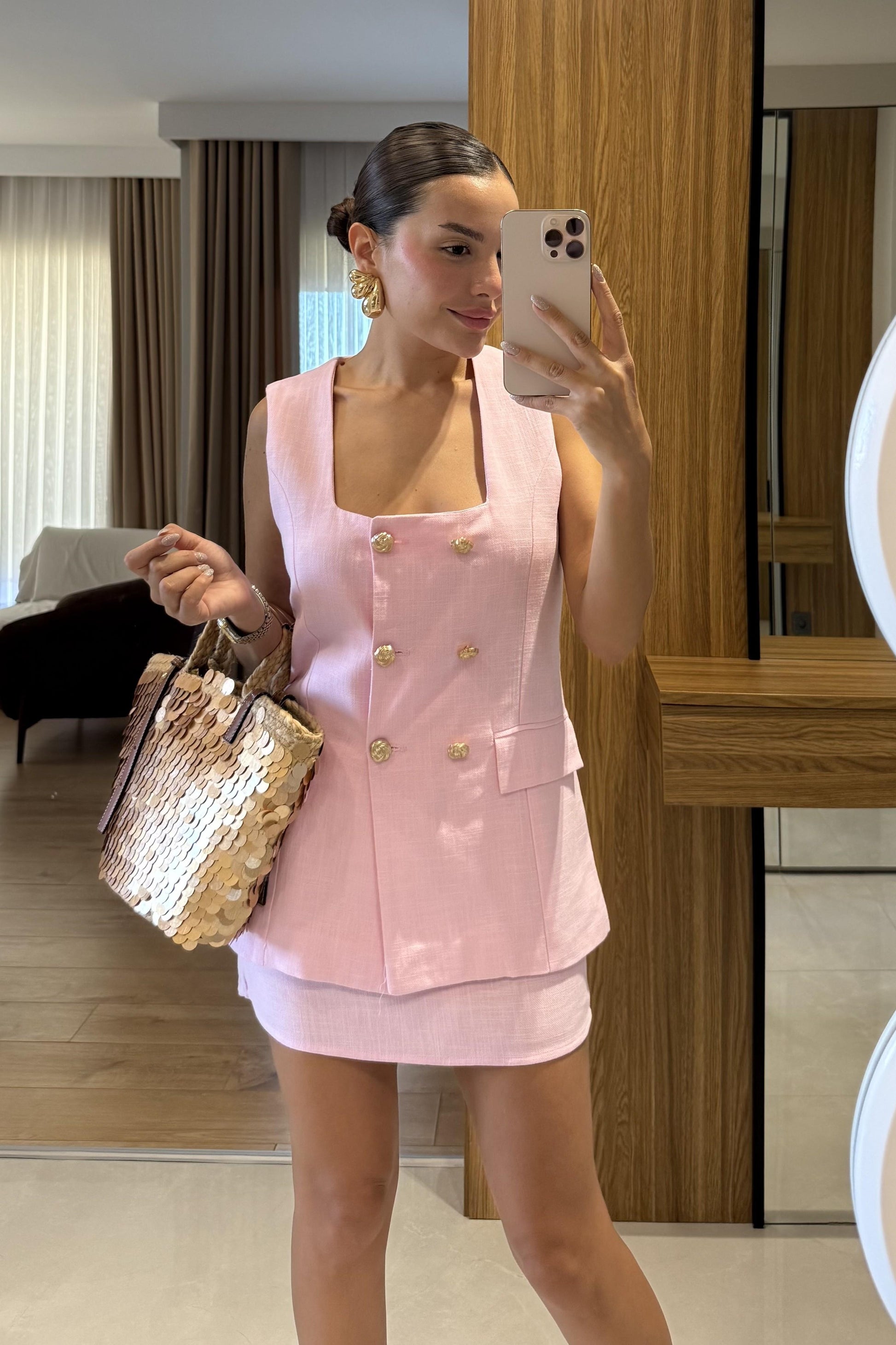 Kokia Pembe Gold Düğmeli Yelek Etek Takım