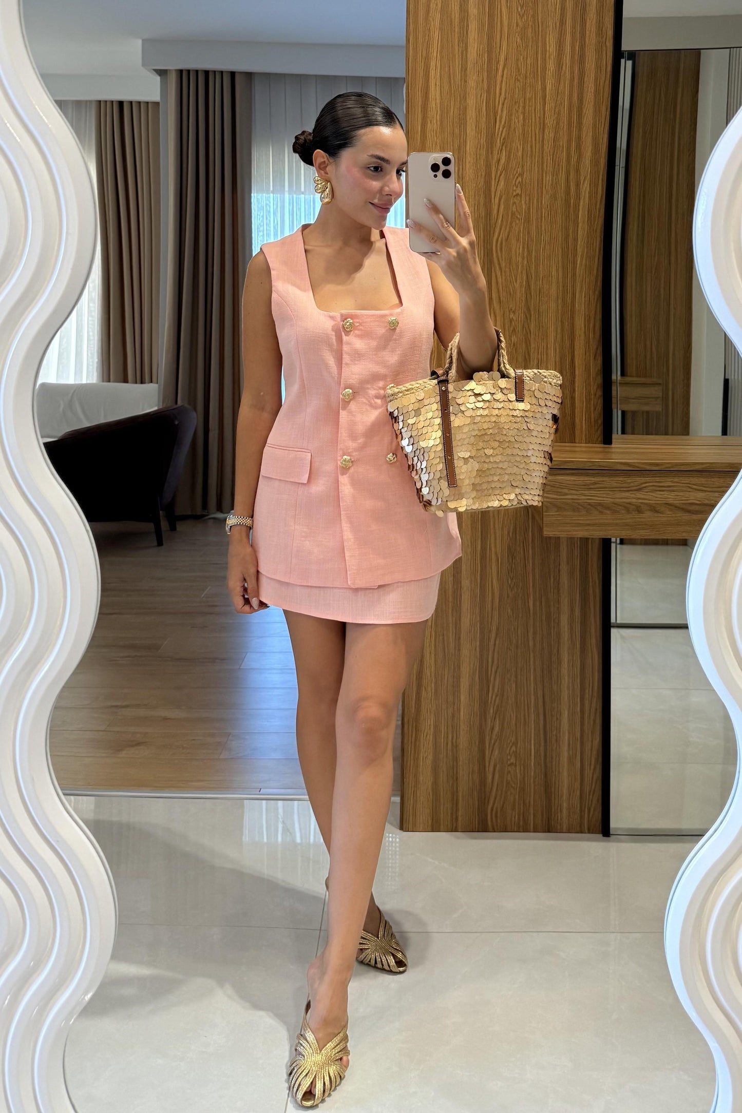 Kokia Somon Gold Düğmeli Yelek Etek Takım