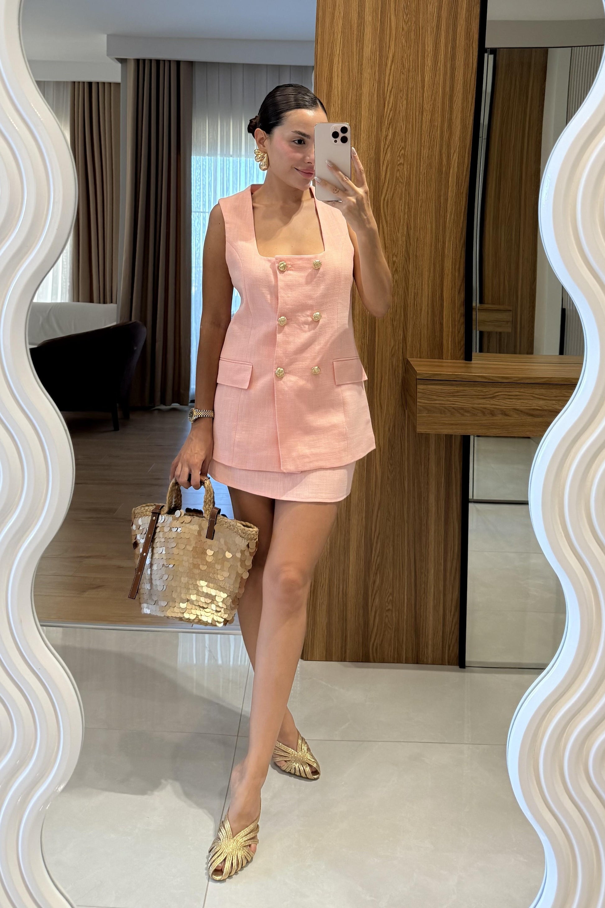 Kokia Somon Gold Düğmeli Yelek Etek Takım