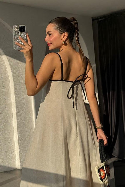 Kolina Siyah Şeritli Keten Elbise