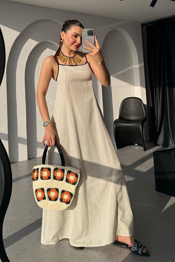 Kolina Siyah Şeritli Keten Elbise