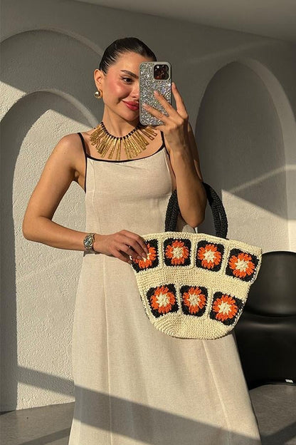 Kolina Siyah Şeritli Keten Elbise