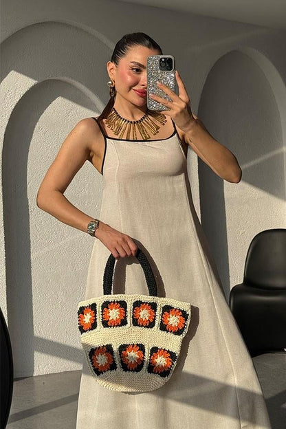 Kolina Siyah Şeritli Keten Elbise