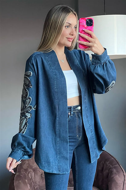 Kolları pullu tasarım kot ceket