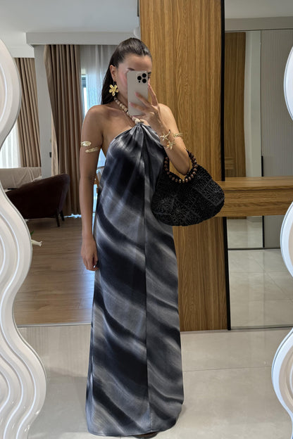 Korea Füme Boncuk Detaylı Boyundan Bağlamalı Saten Elbise