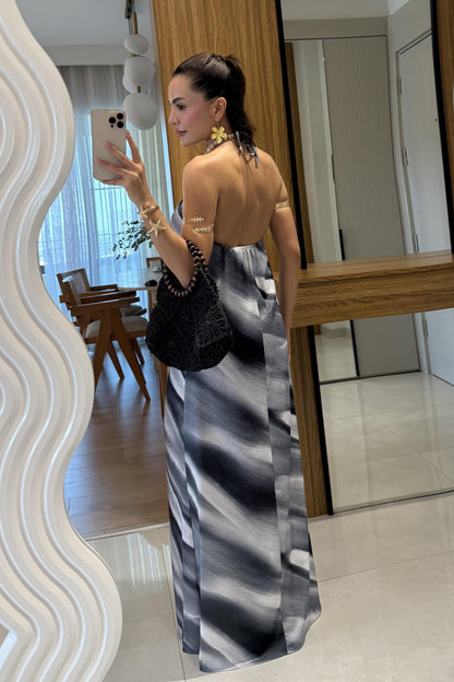 Korea Füme Boncuk Detaylı Boyundan Bağlamalı Saten Elbise