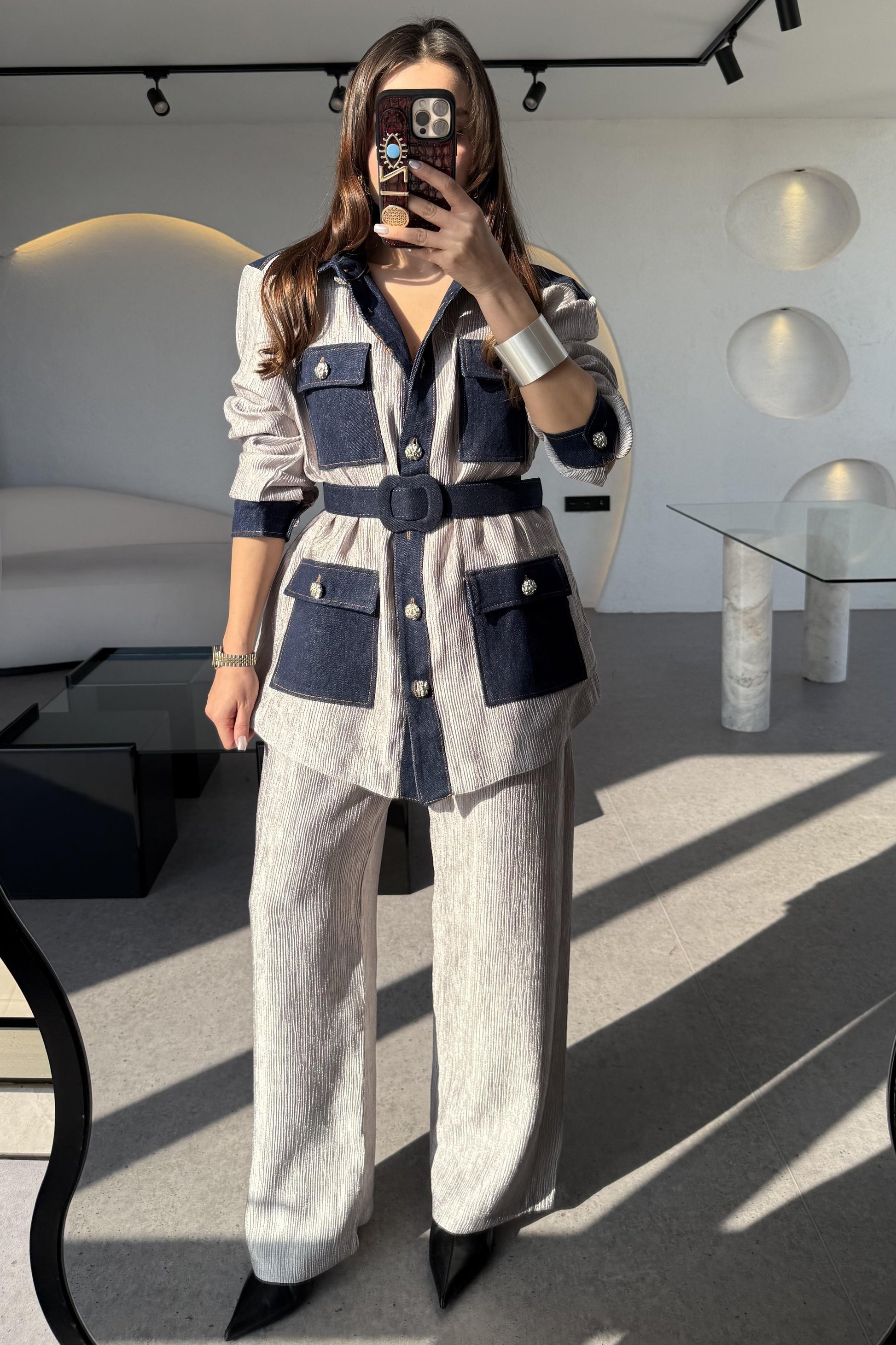 Kowski Silver Kırinkıl Denim Kumaş Takım