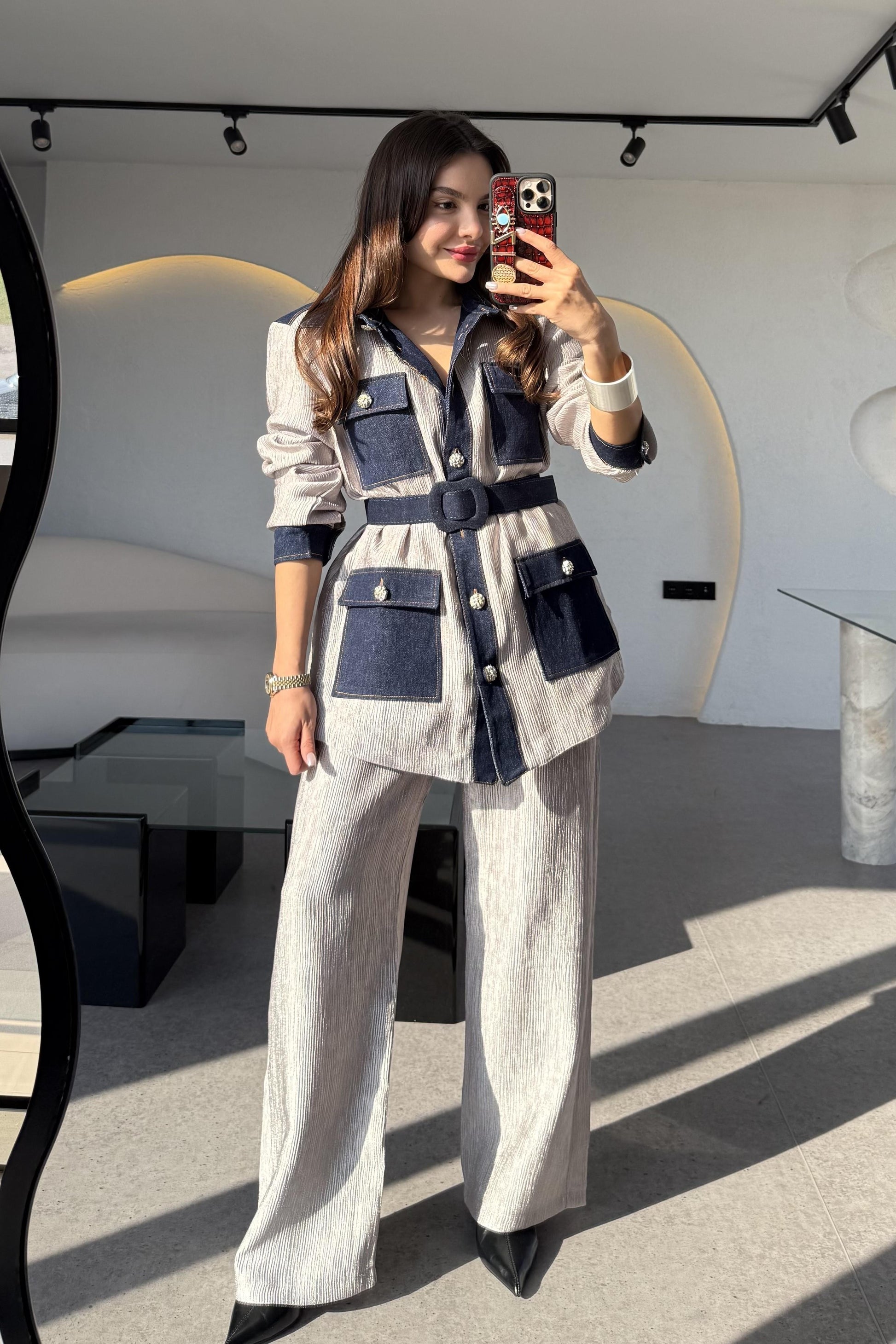 Kowski Silver Kırinkıl Denim Kumaş Takım