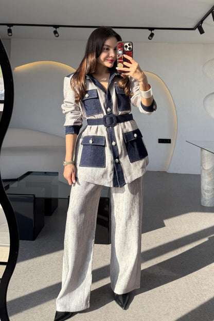 Kowski Silver Kırinkıl Denim Kumaş Takım