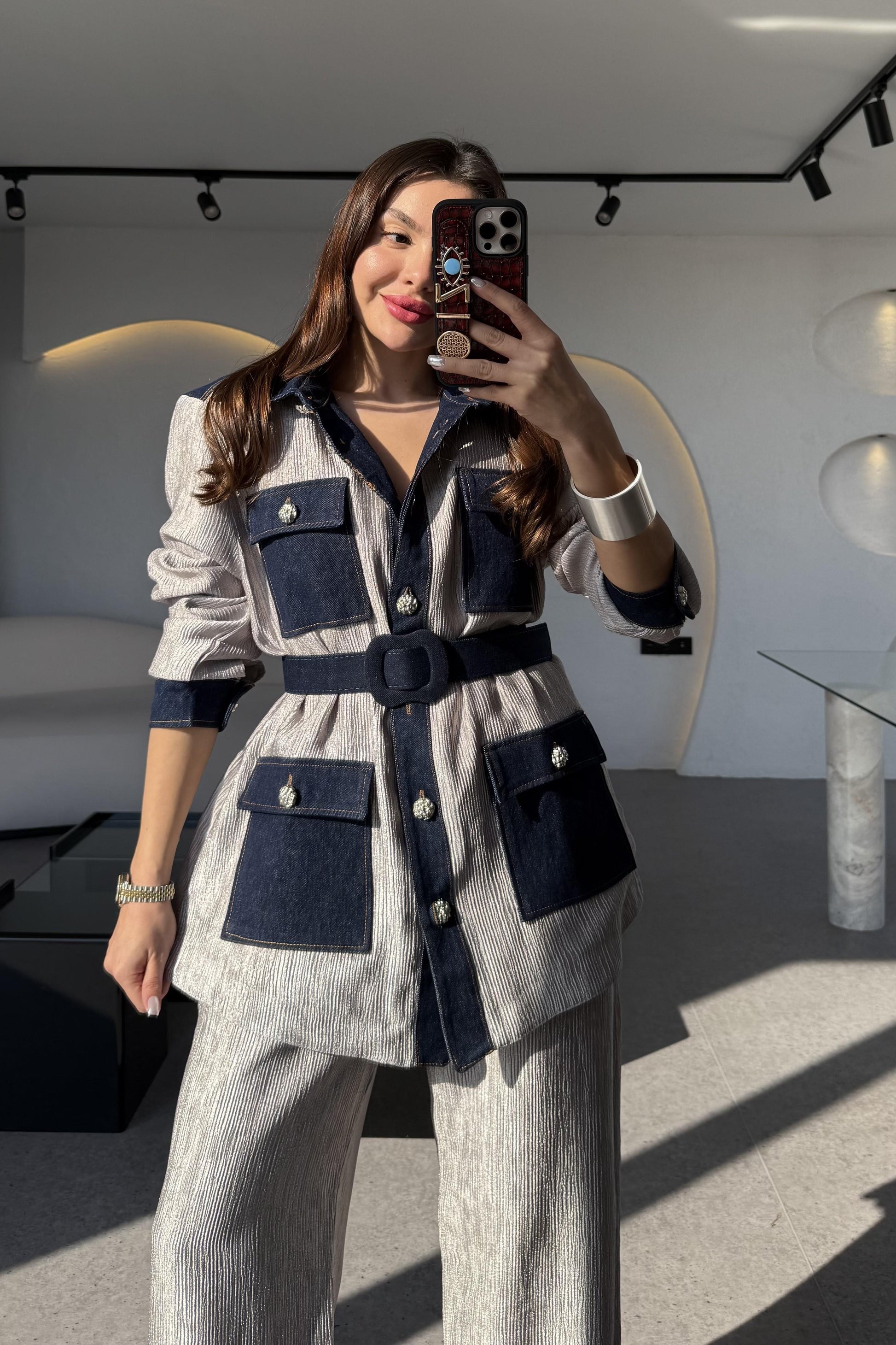 Kowski Silver Kırinkıl Denim Kumaş Takım