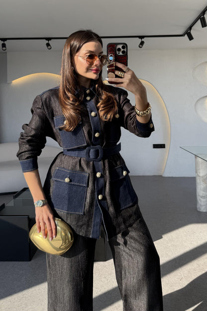 Kowski Siyah Kırinkıl Denim Kumaş Takım