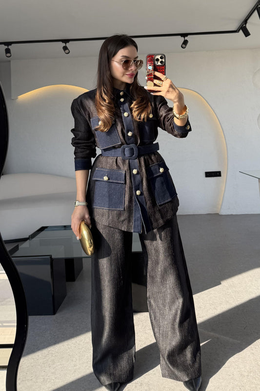 Kowski Siyah Kırinkıl Denim Kumaş Takım