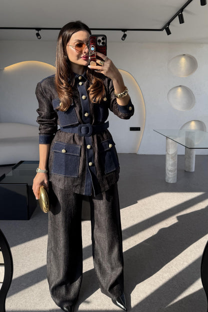 Kowski Siyah Kırinkıl Denim Kumaş Takım