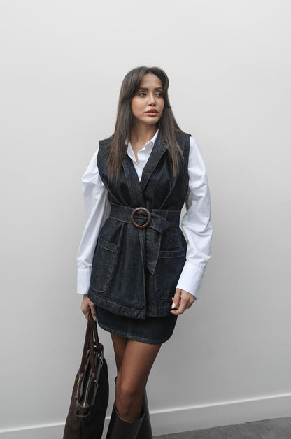 KOYU LACIVERT KEMERLI DENIM YELEK