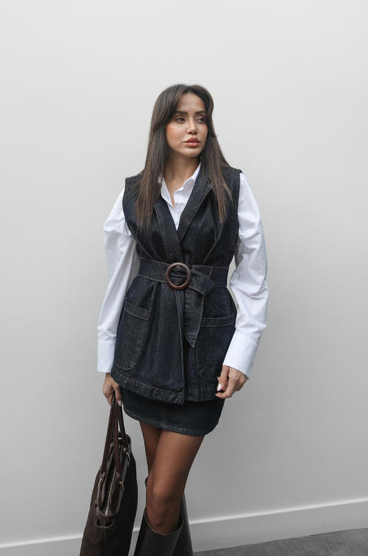 KOYU LACIVERT KEMERLI DENIM YELEK