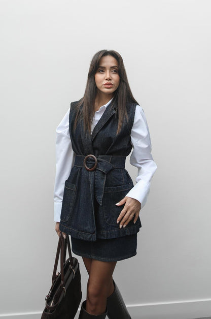 KOYU LACIVERT KEMERLI DENIM YELEK