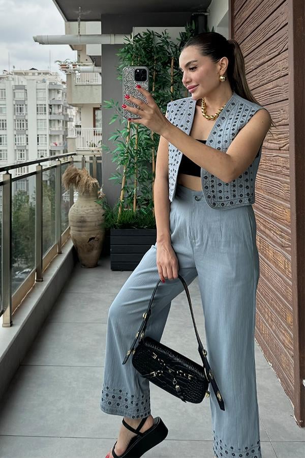 Kramer Nakışlı Yelek Pantolon Takım - Gri