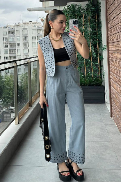 Kramer Nakışlı Yelek Pantolon Takım - Gri