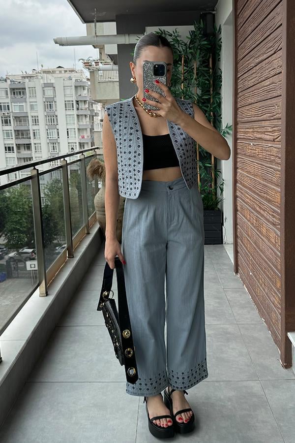 Kramer Nakışlı Yelek Pantolon Takım - Gri