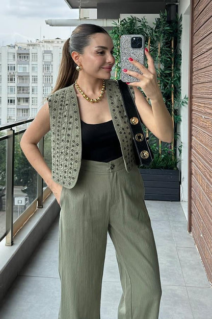 Kramer Nakışlı Yelek Pantolon Takım - Haki Yeşil