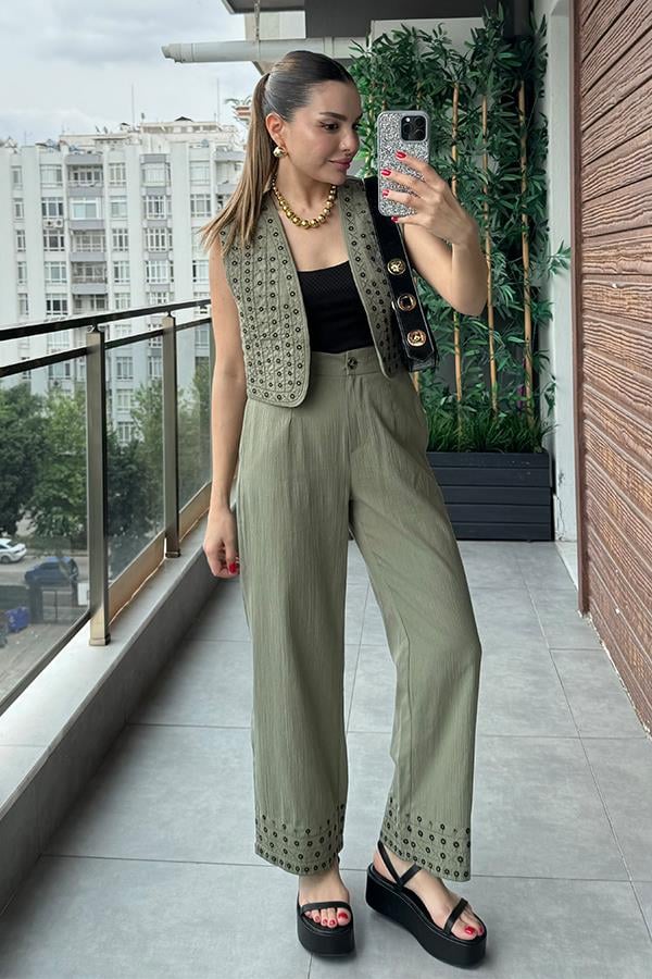 Kramer Nakışlı Yelek Pantolon Takım - Haki Yeşil