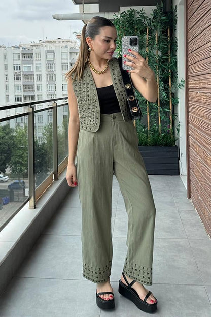 Kramer Nakışlı Yelek Pantolon Takım - Haki Yeşil