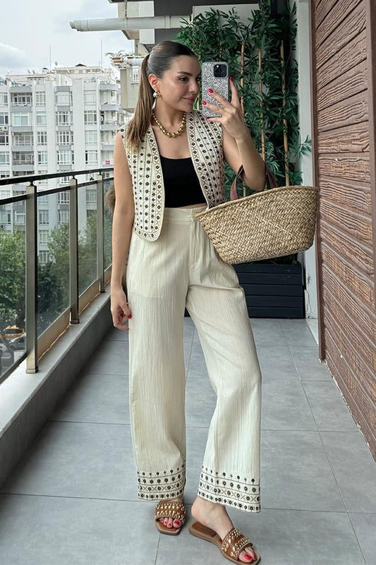 Kramer Nakışlı Yelek Pantolon Takım - Krem